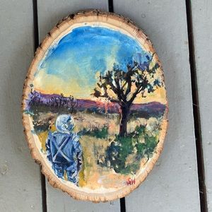 Original art painting Joshua tree big bend landscap desert western hanging wood